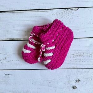 Handmade Knitted Baby Booties - Pink with White Stripes